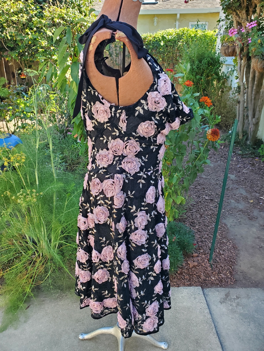 Kitten D'Amour Cowl Neck Floral Midi Dress - Black with Pink Roses - Picture 6 of 9